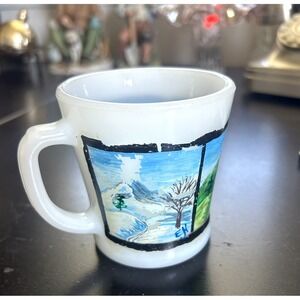Anchor Hocking Four Seasons Milk Glass Mug Hand Painted 3.5" Vintage